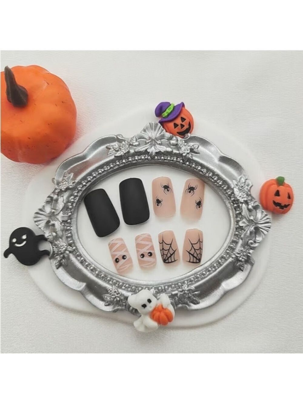 2/$10 Halloween Mummy & Spider Matte Nail Set - Black & Nude - Picture 4 of 7